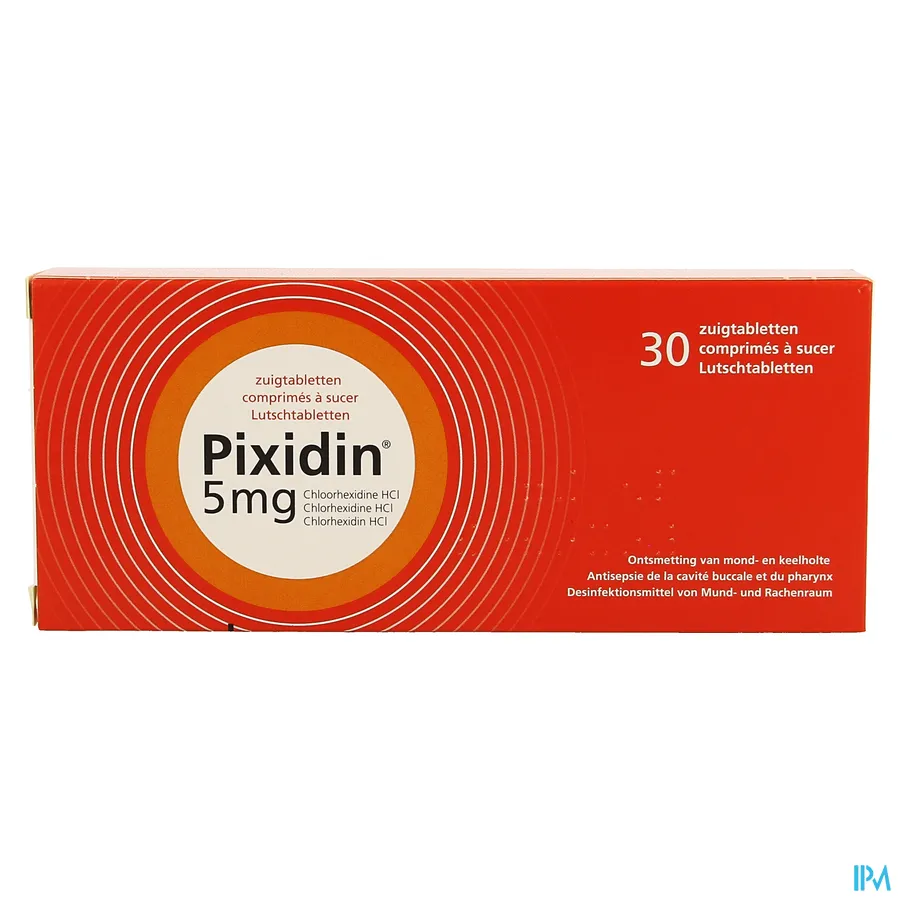 packshot van Pixidin 5 mg voor Ontsmetting van Mond- en Keelholte 30 Zuigtabletten