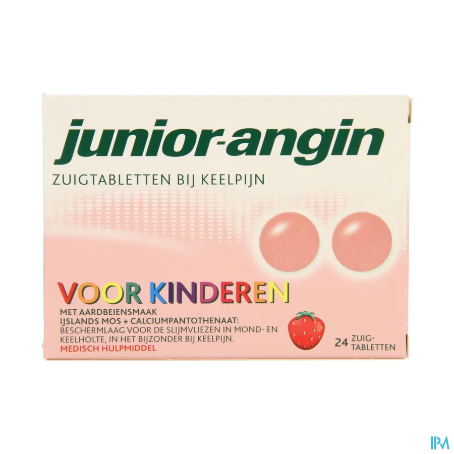 packshot van Junior-Angin met Aardbeiensmaak voor Keelpijn bij Kinderen 24 Zuigtabletten
