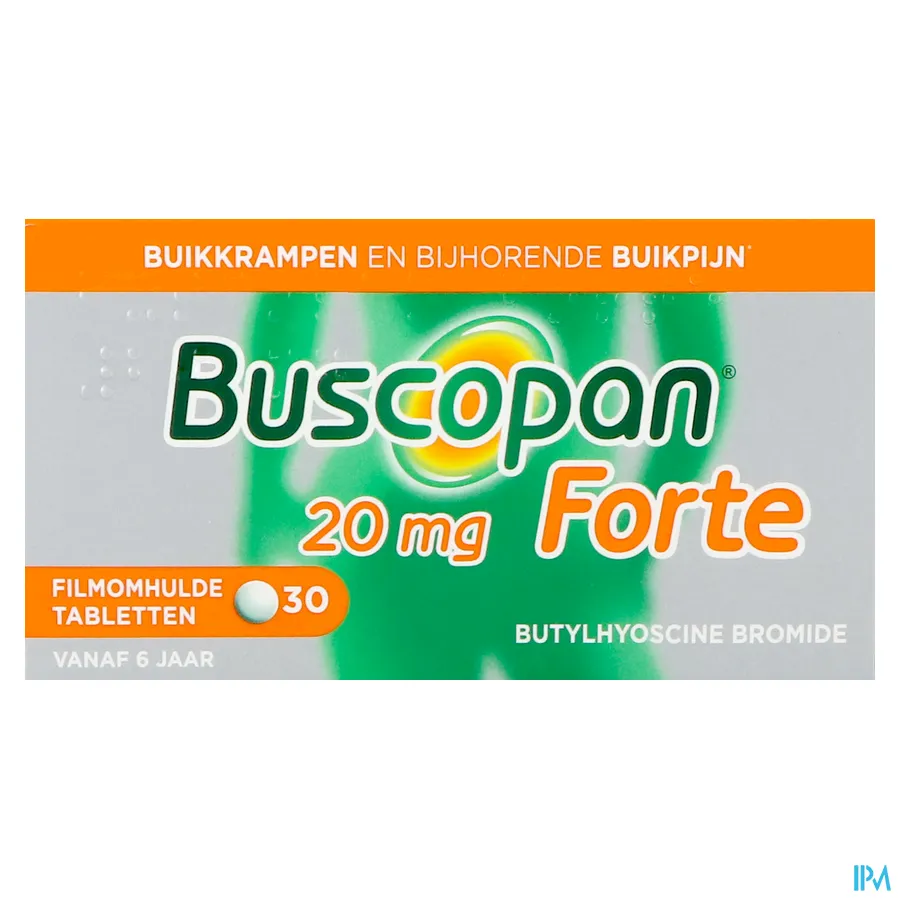 packshot van Buscopan Forte 20 mg voor Stilling van Buikkrampen 30 Tabletten
