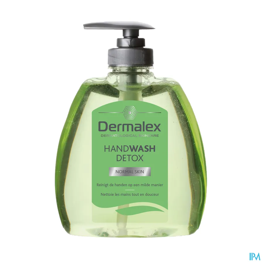 packshot van Dermalex Handwash Detox voor Normale Huid -voor Reiniging van de Handen op een Milde Manier- Pompflacon 300 ml