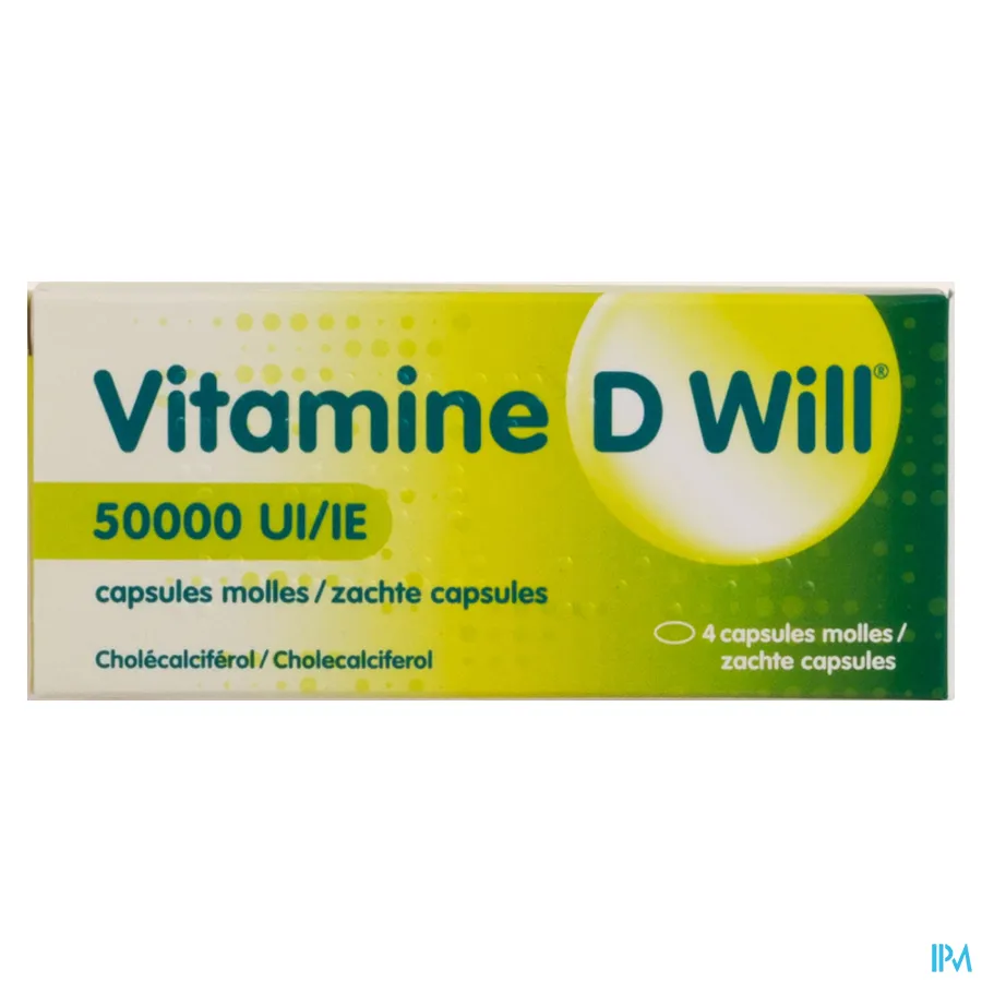 packshot van Vitamine D Will 50 000 IE - 4 Zachte Capsules