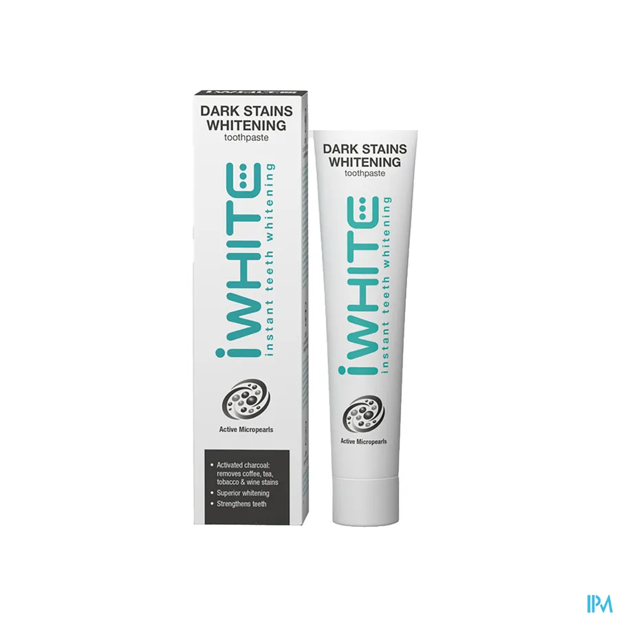 productshot van I White Dark Stains Whitening Tandpasta met Actieve Mircroparels met Geactiveerde Kool voor Verwijdering van Vlekken van Koffie, Thee, Tabak en Wijn Tube 75 ml