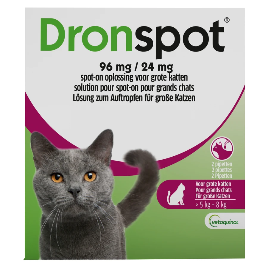 packshot van Dronspot 96 mg/24 mg Spot-on Kat >5-8 kg 2 stuks