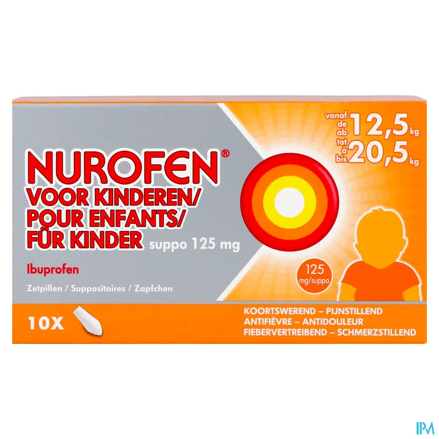 packshot van Nurofen 125 mg Suppo voor Kinderen van 12,5 tot 20,5 kg 10 Zetpillen