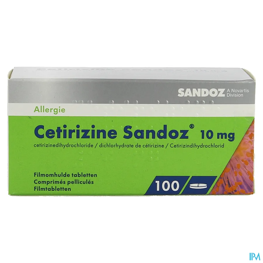 packshot van Cetirizine Sandoz 10 mg 100 tabletten