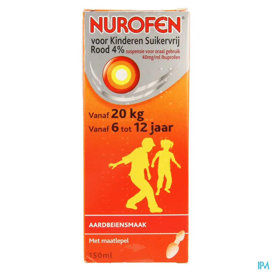 packshot van Nurofen Kind Suikervrije Siroop 4 % Aardbeiensmaak 150 ml
