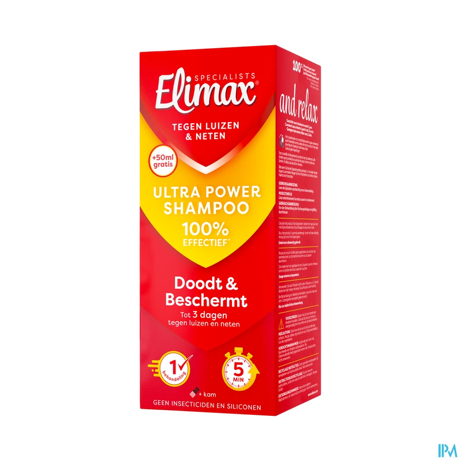 packshot van Elimax 2-in-1 Dodende en Beschermende Anti-Luizen en Anti-Neten Shampoo Zonder Insecticide Promopack 250 ml met Gratis Kam
