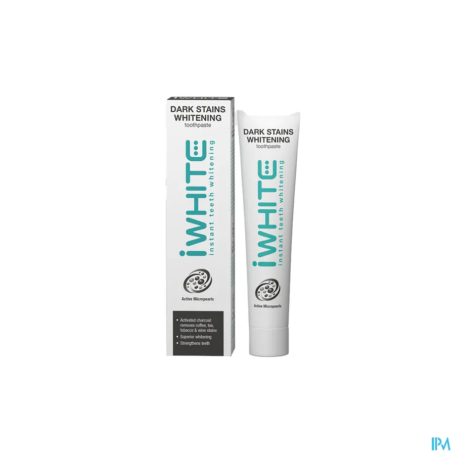productshot van I White Dark Stains Whitening Tandpasta met Actieve Mircroparels met Geactiveerde Kool voor Verwijdering van Vlekken van Koffie, Thee, Tabak en Wijn Tube 75 ml