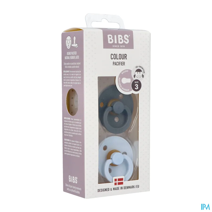 packshot van Bibs Fopspeen Duo Iron/Baby Blue 18+ 2 stuks