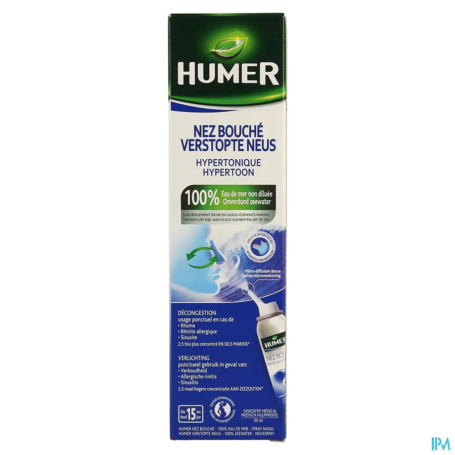 packshot van Humer tegen Verstopte Neus met Hypertoon Zeewater voor Volwassenen Spray 50 ml