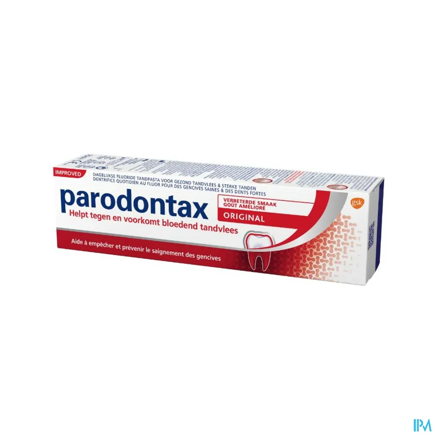 packshot van Parodontax Original mét Verbeterde Smaak -Dagelijkse Fluoride Tandpasta voor Gezond Tandvlees en Sterke Tanden - Helpt tegen en Voorkomt Bloedend Tandvlees- Tube 75 ml