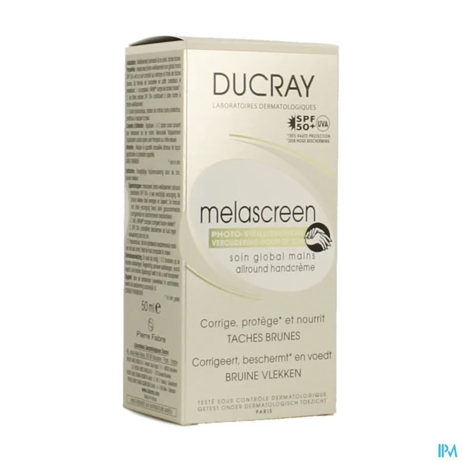 packshot van Ducray Melascreen Allround Handcrème met SPF 50+ tegen Bruine Vlekken Tube 50 ml