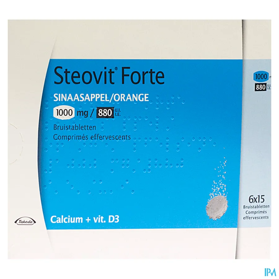 packshot van Steovit D3 1000 mg Calcium + 880 IE Vitamine D3 Sinaasappelsmaak 90 Bruistabletten