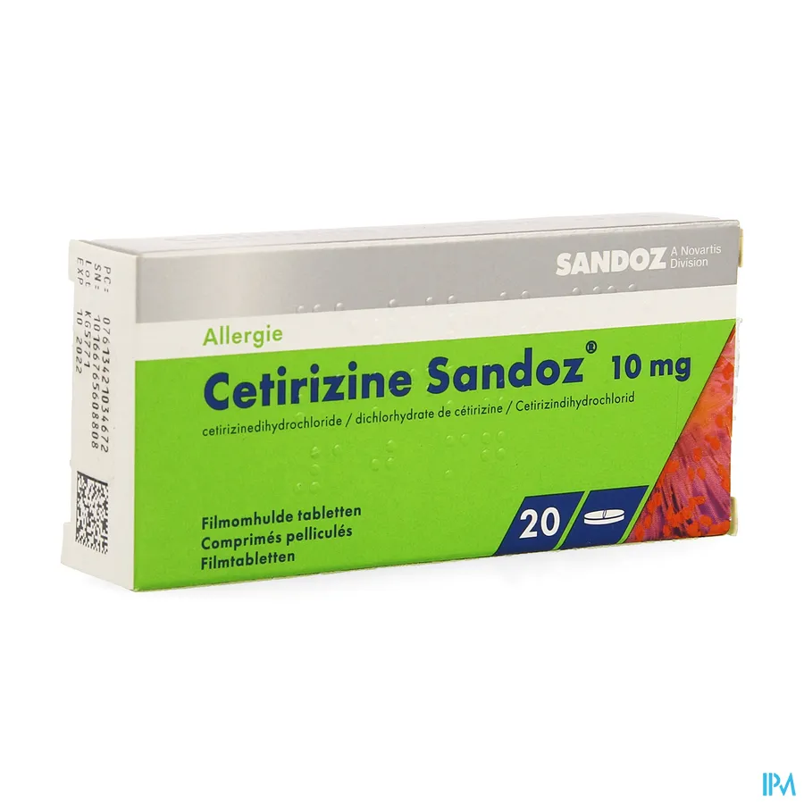 packshot van Cetirizine Sandoz 10 mg 20 tabletten