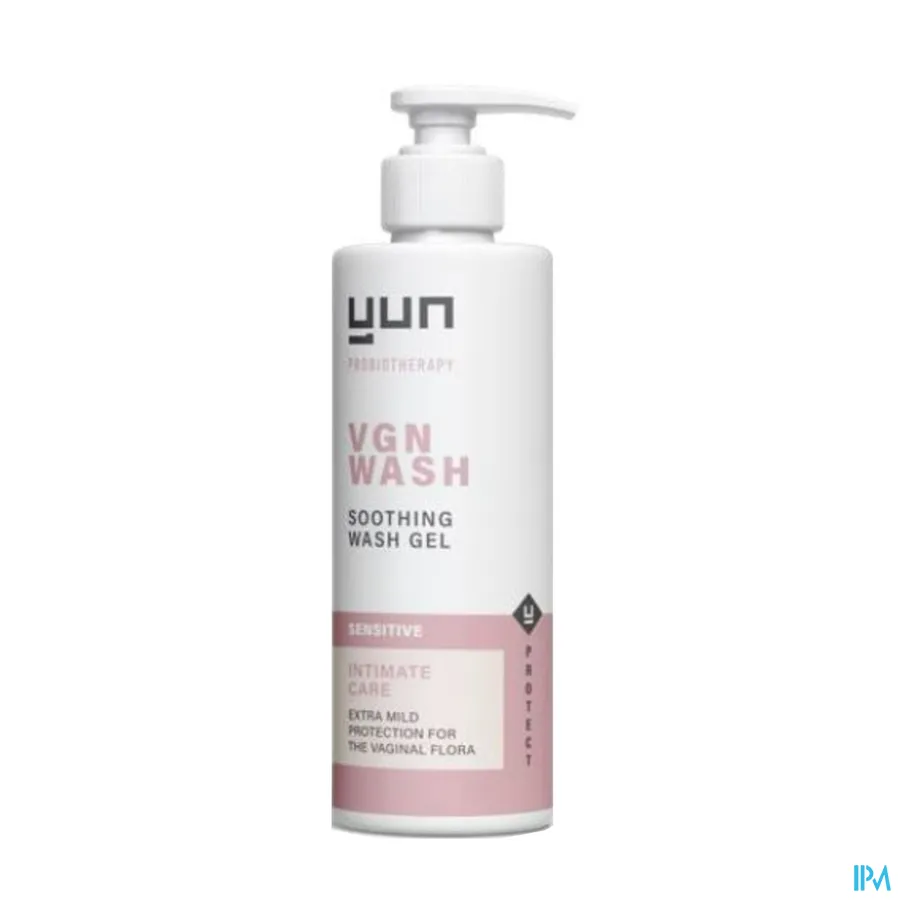 productshot van Yun VGN Wash Sensitive -Verzachtende Wasgel voor Gevoelige Intieme Zone- Extra Milde Bescherming voor de Vaginale Flora- Pompflacon 150 ml