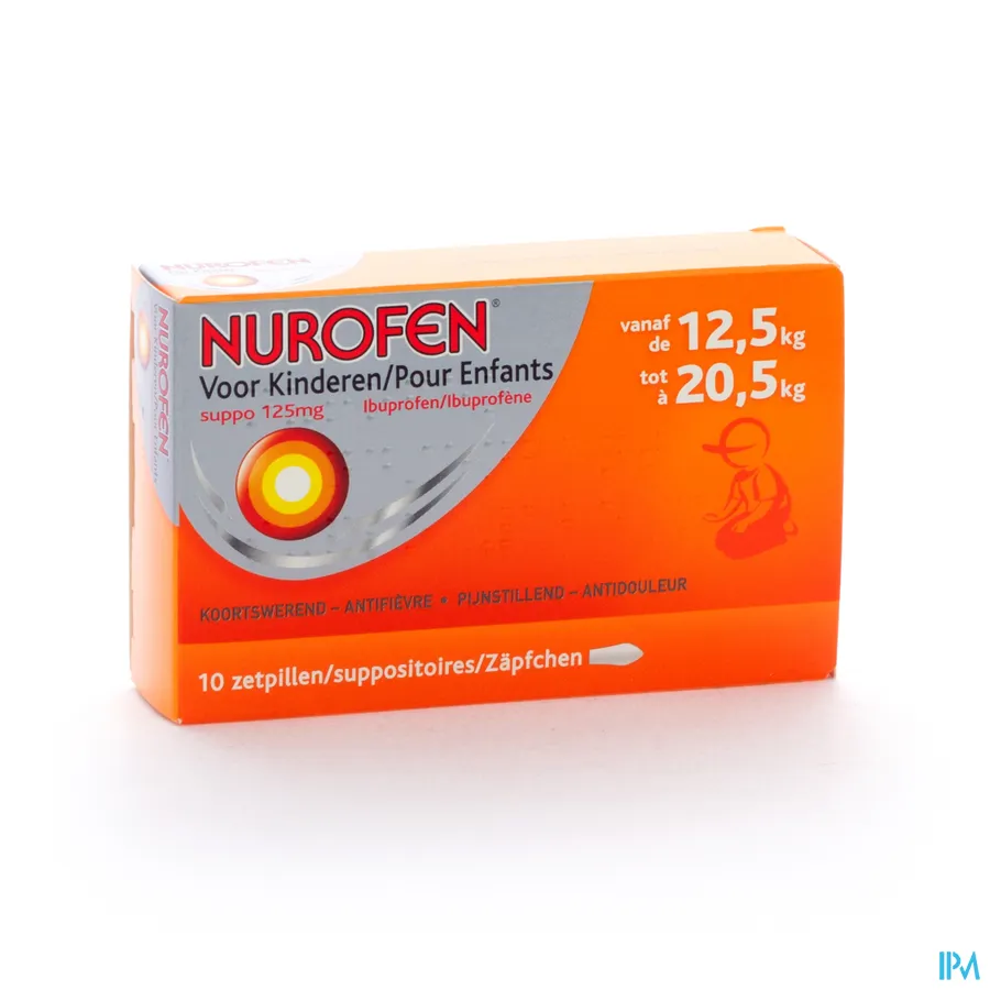 packshot van Nurofen 125 mg Suppo voor Kinderen van 12,5 tot 20,5 kg 10 Zetpillen