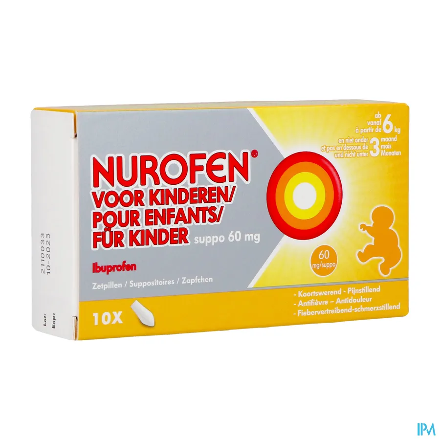 packshot van Nurofen 60 mg Suppo voor Kinderen vanaf 6 kg en Niet Onder 3 Maanden 10 Zetpillen