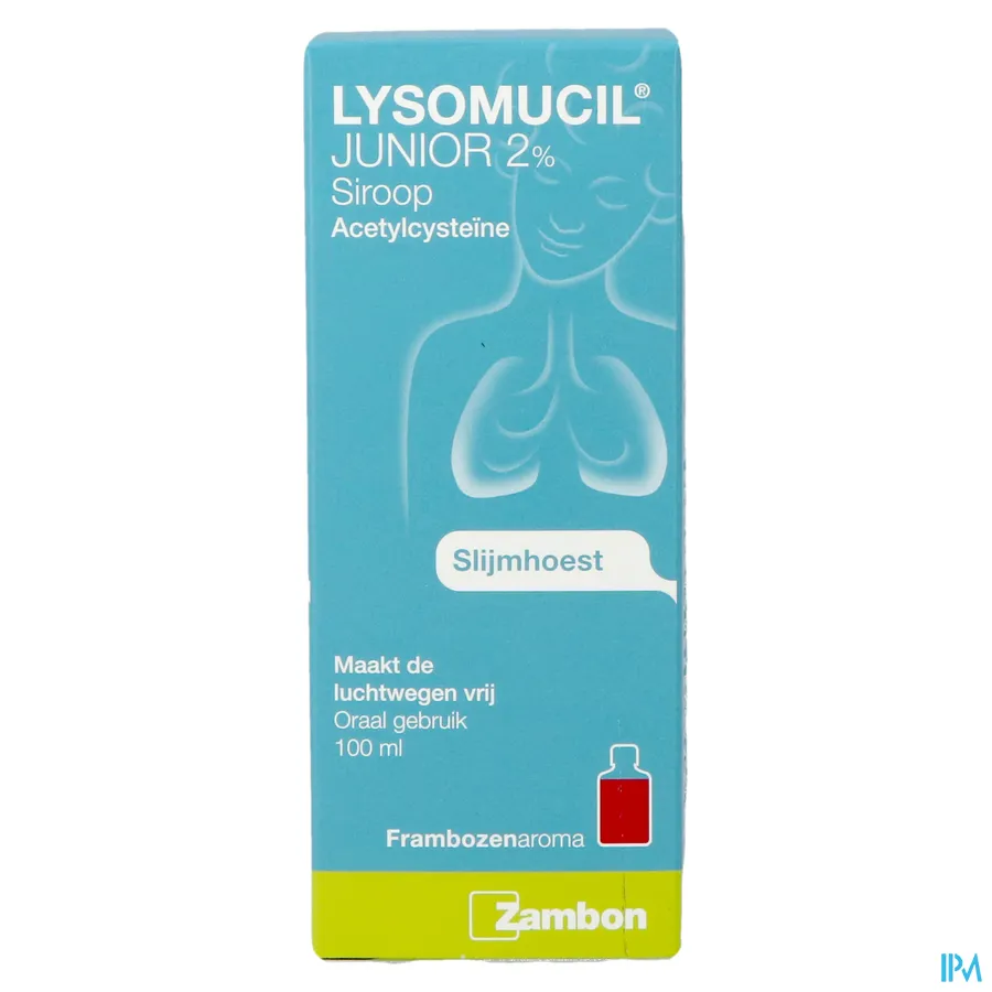 packshot van Lysomucil Junior 2% Siroop bij Slijmhoest Fles 100 ml