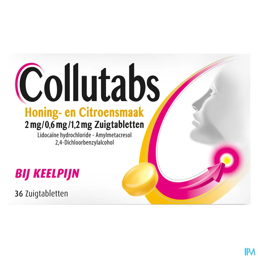 packshot van Collutabs bij Keelpijn met Honing- en Citroensmaak 36 Zuigtabletten