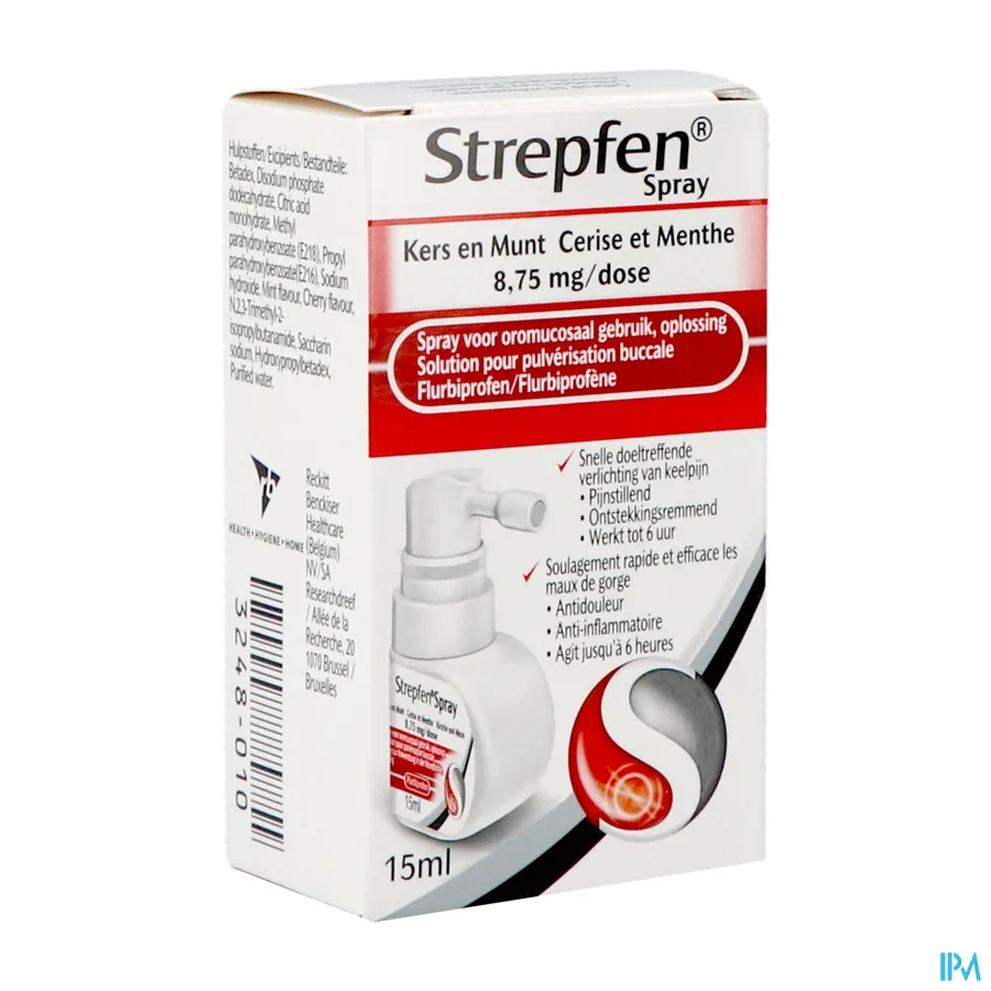 packshot van Strepfen Spray voor Oromucosaal Gebruik voor Snelle en Doeltreffende Verlichting van Keelpijn 15 ml