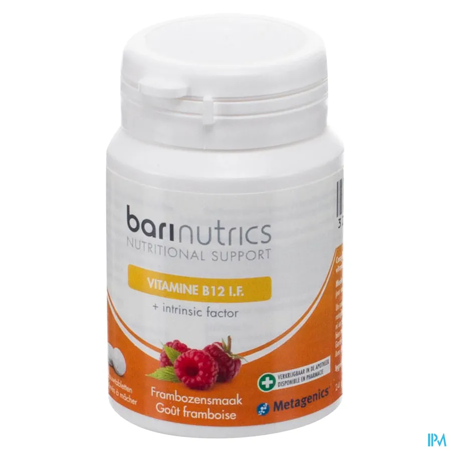 packshot van Barinutrics Vitamine B12 + Intrinsic Factor 90 Kauwtabletten met Frambozensmaak