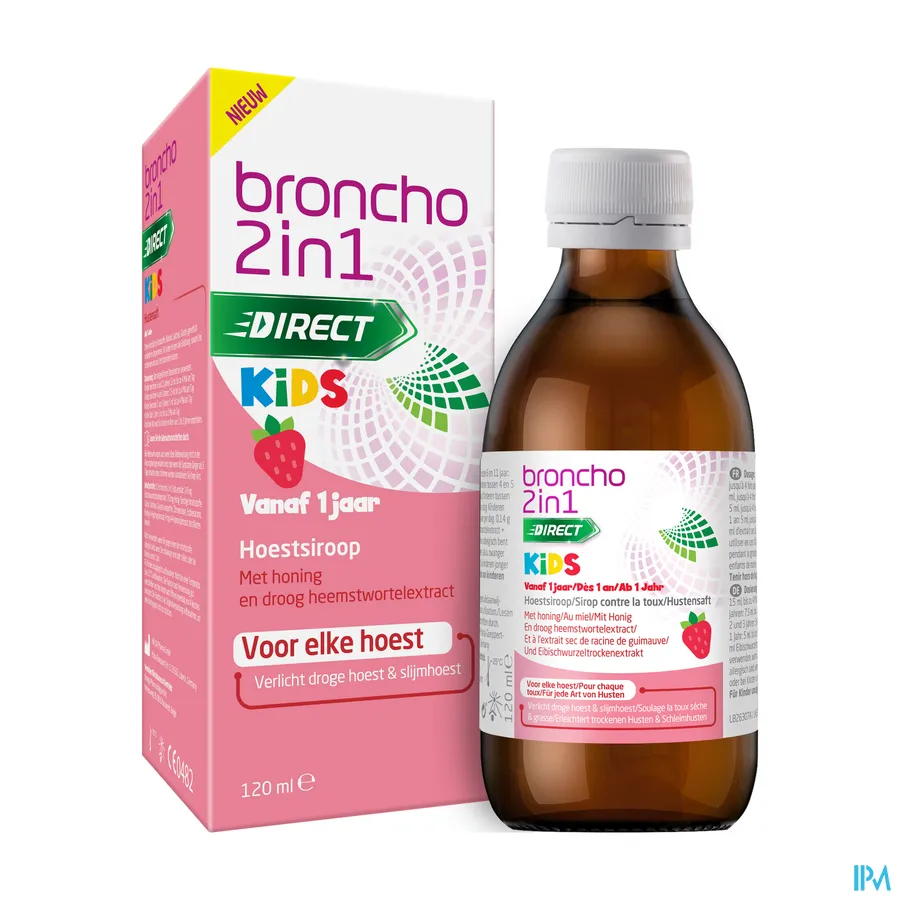 productshot van Broncho 2in1 Direct Kids Hoestsiroop voor Droge Hoest en Slijmhoest voor Kinderen vanaf 1 Jaar met Honing en Droog Heemstwortelextract met Aardbeismaak Siroop 120 ml