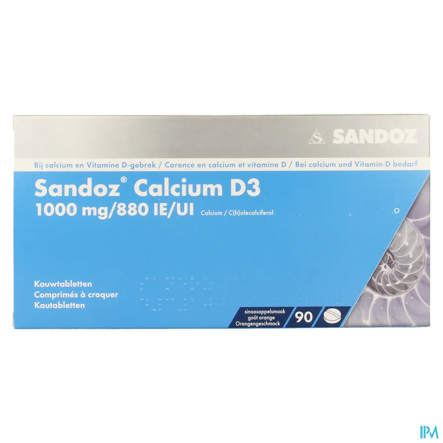 packshot van Sandoz met 1000 mg Calcium en 880 IE Vitamine D3 90 Kauwtabletten