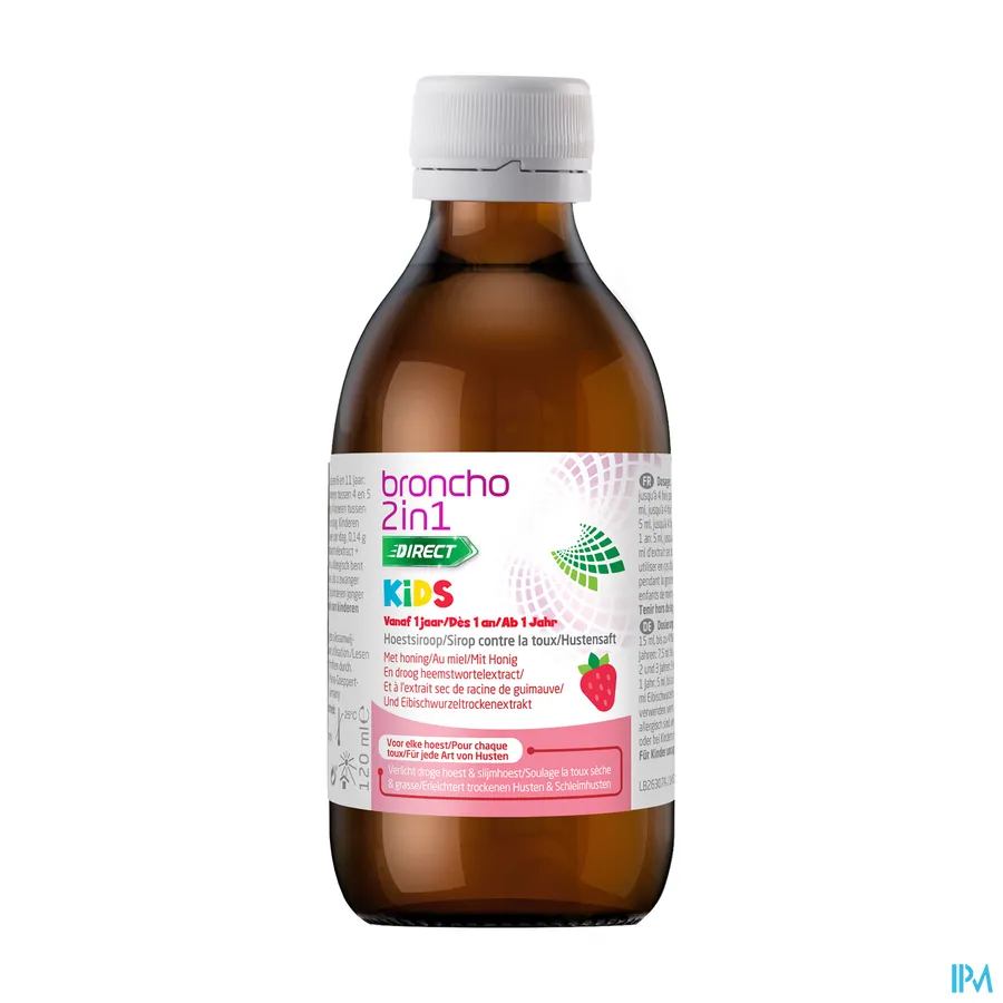 productshot van Broncho 2in1 Direct Kids Hoestsiroop voor Droge Hoest en Slijmhoest voor Kinderen vanaf 1 Jaar met Honing en Droog Heemstwortelextract met Aardbeismaak Siroop 120 ml