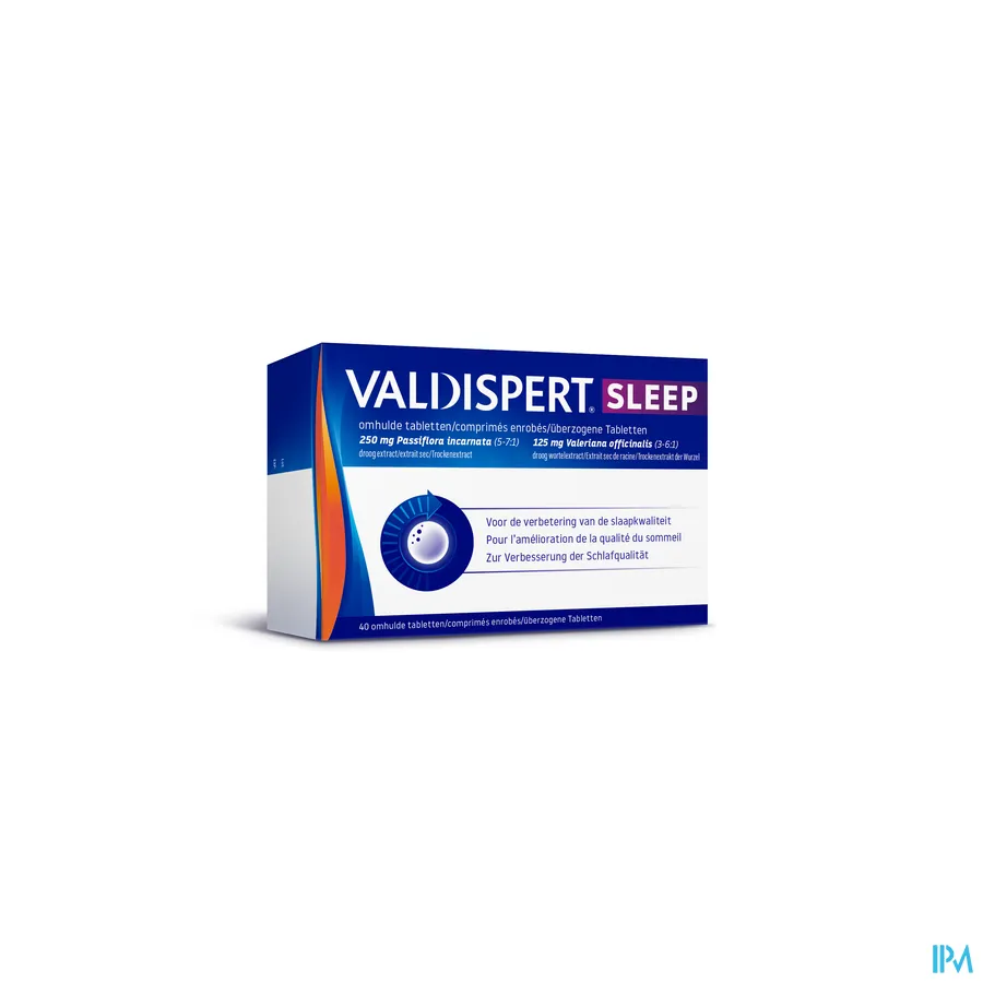 packshot van Valdispert Sleep voor Verbetering van de Slaapkwaliteit  met 125 mg Valeriaan + 250 mg Passiebloem 40 Tabletten