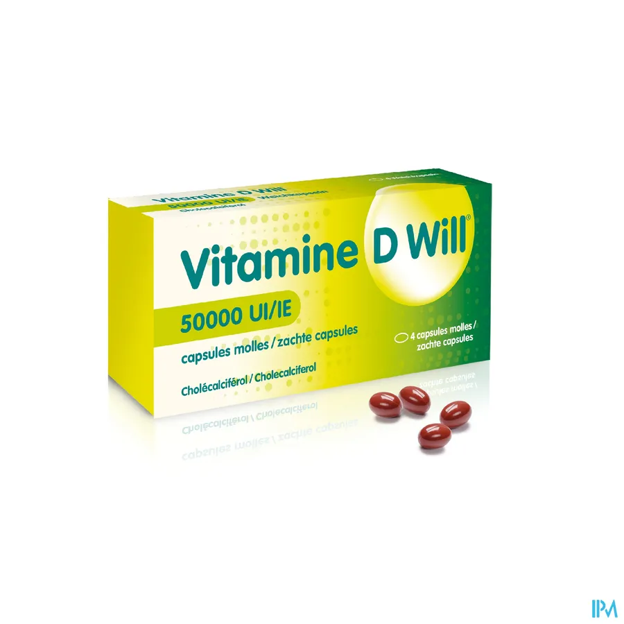 productshot van Vitamine D Will 50 000 IE - 4 Zachte Capsules