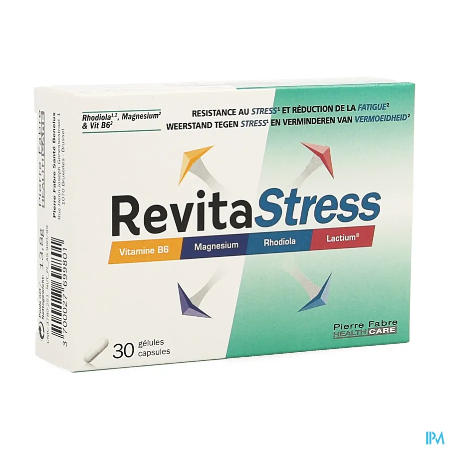 packshot van Revita Stress voor Weerstand tegen Stress en Verminderen van Vermoeidheid -met Vitamine B6, Magnesium, Rhodiola en Lactium- 30 Capsules
