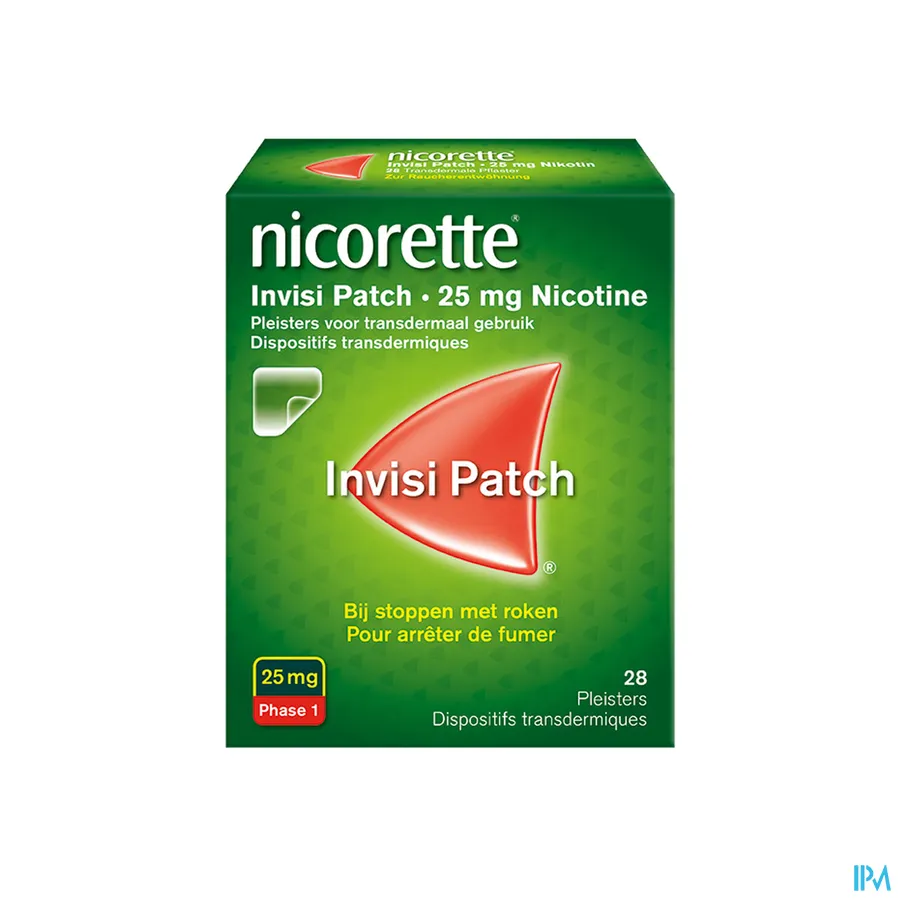 packshot van Nicorette Invisi Patch Pleisters voor Transdermaal Gebruik met 25 mg Nicotine bij Stoppen met Roken 28 Pleisters