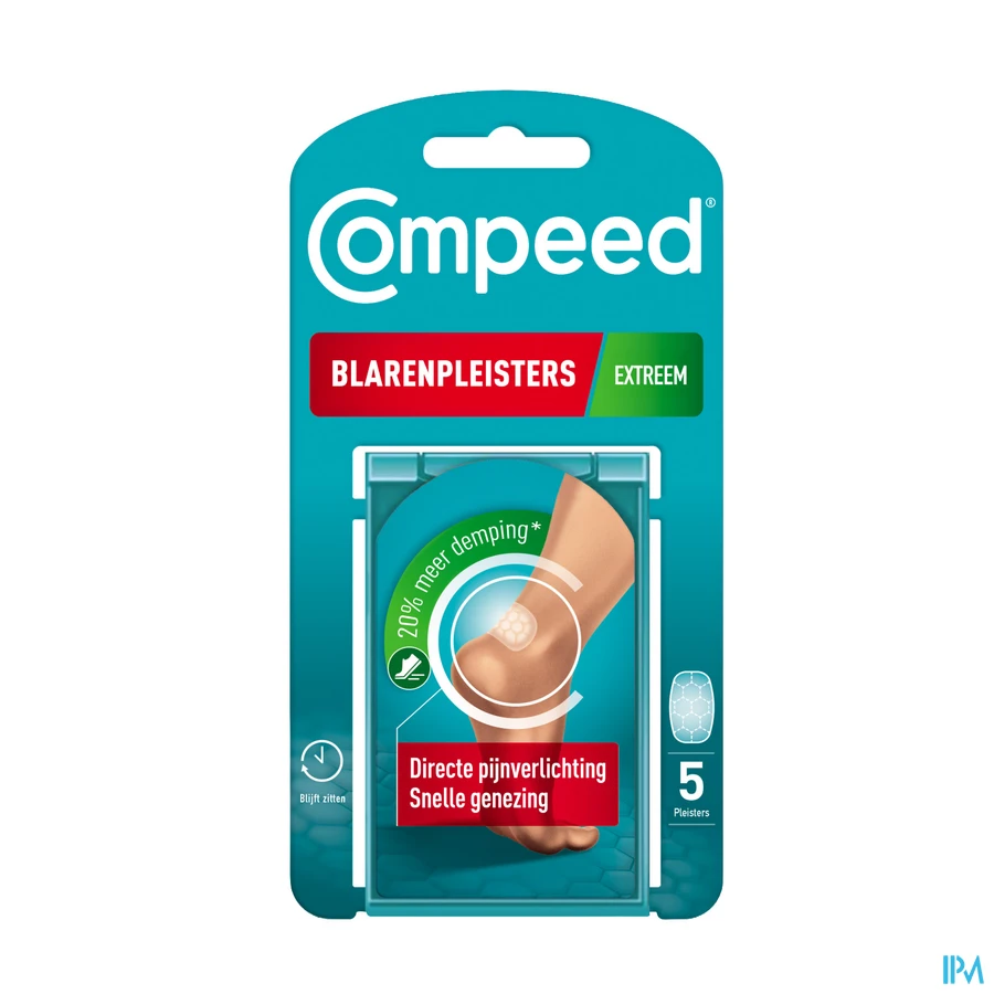 packshot van Compeed Extreem Hiel Blarenpleister voor Extra Bescherming, Directe Pijnverlichting en Snelle Genezing 5 Stuks