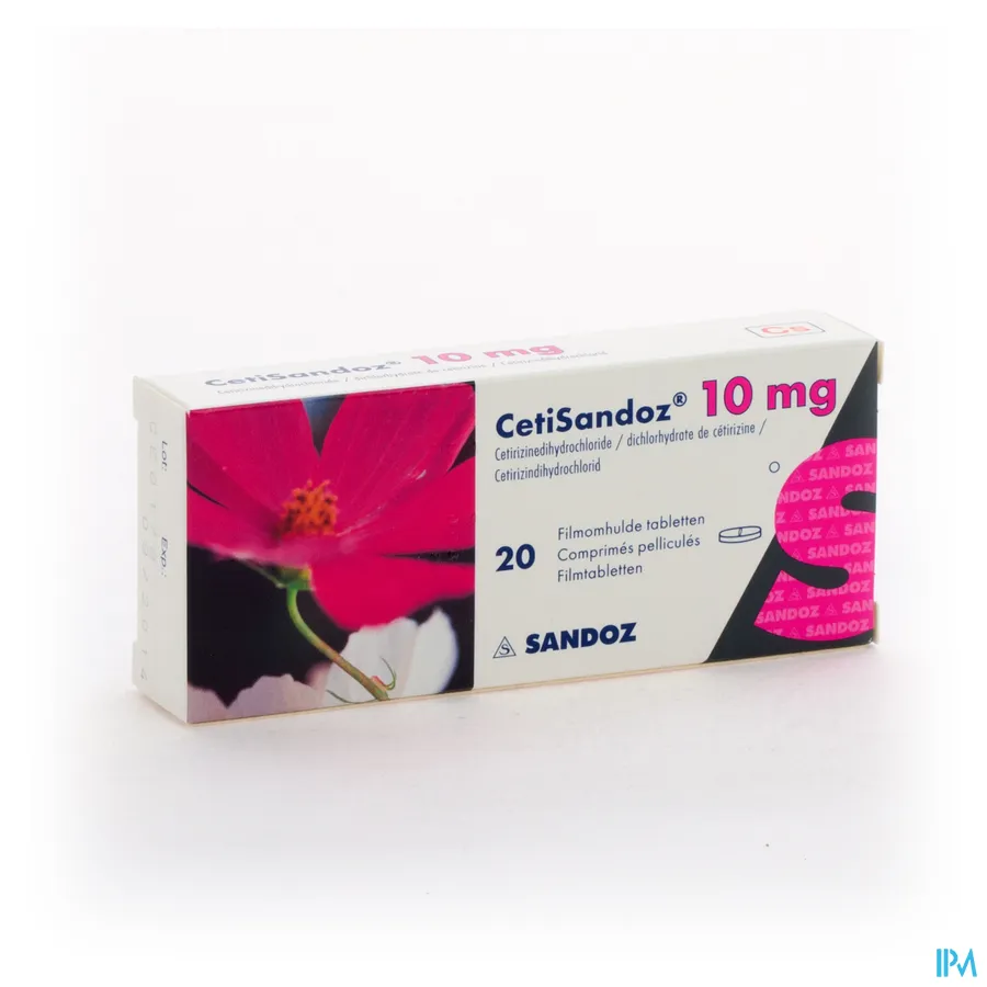 packshot van Cetirizine Sandoz 10 mg 20 tabletten