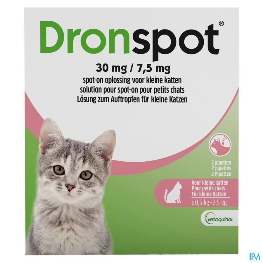 packshot van Dronspot 30 mg/7,5 mg Spot-on Kat >0,5-2,5 kg 2 stuks