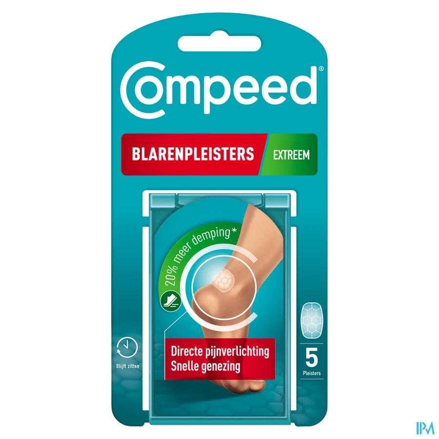 packshot van Compeed Extreem Hiel Blarenpleister voor Extra Bescherming, Directe Pijnverlichting en Snelle Genezing 5 Stuks