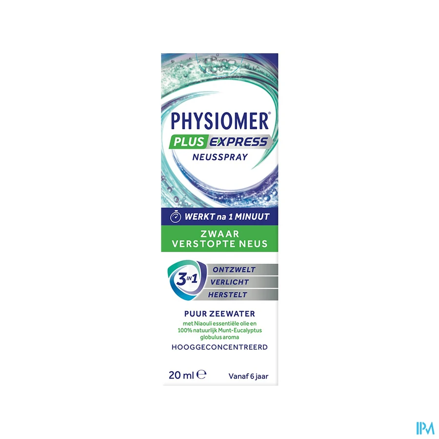 packshot van Physiomer Express tegen Neusverstopping met Hypertonisch Zeewater en Essentiële Oliën Spray 20 ml