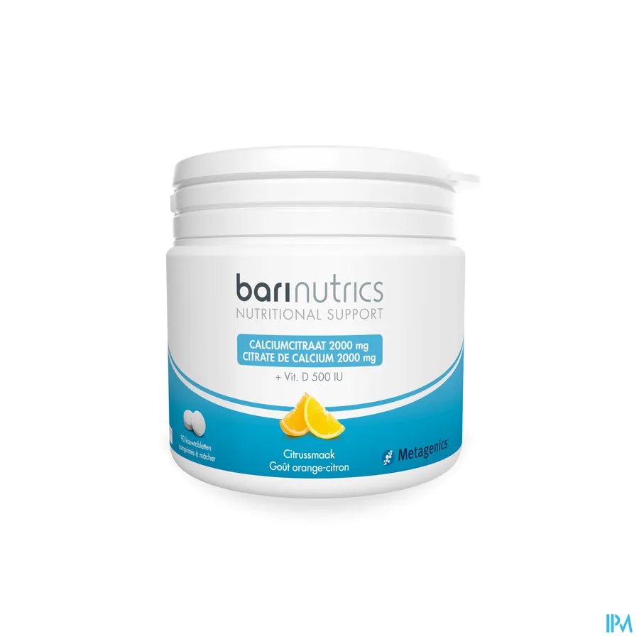 packshot van Barinutrics 2000 mg Calciumcitraat en 500 IU Vitamine D 90 Kauwtabletten met Citrussmaak