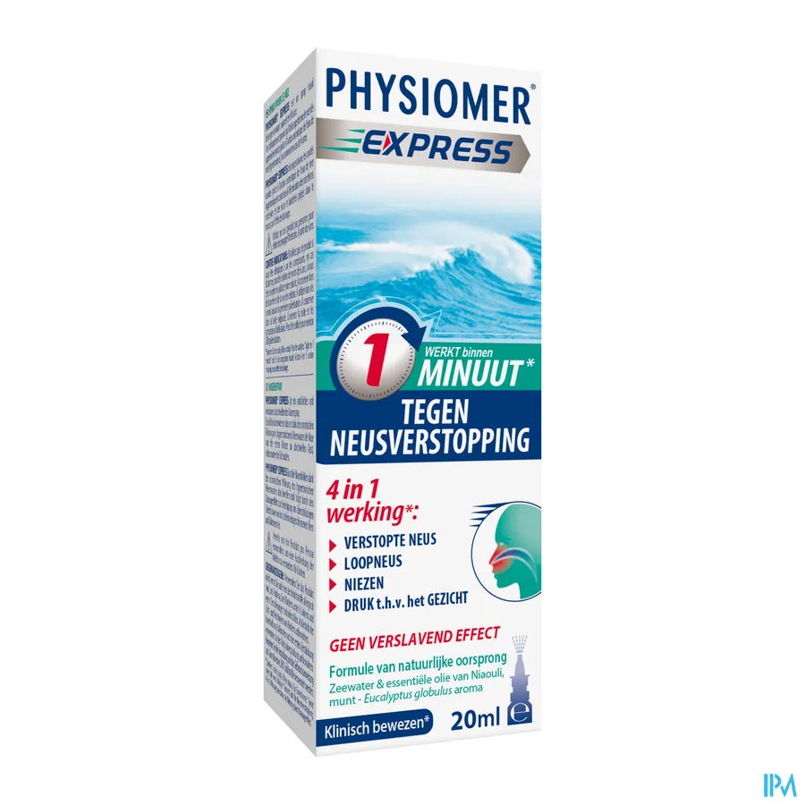 packshot van Physiomer Express tegen Neusverstopping met Hypertonisch Zeewater en Essentiële Oliën Spray 20 ml