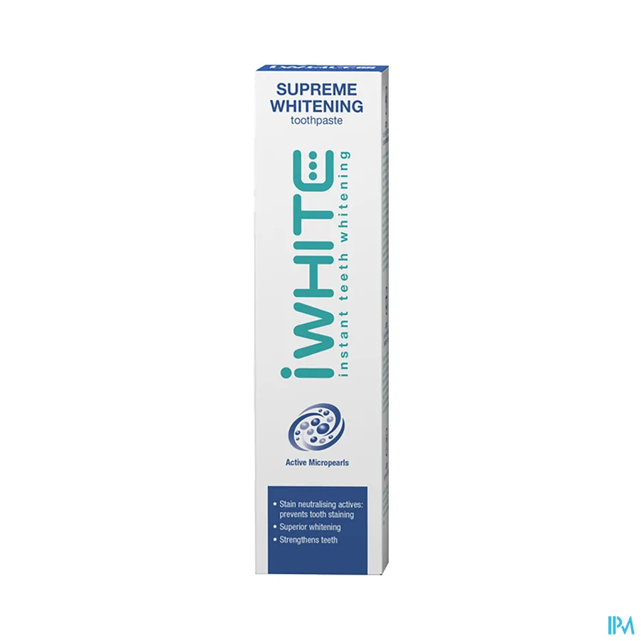 packshot van I White Supreme Whitening Tandpasta met Actieve Mircroparels met Vlek Neutraliserende Actieve Stoffen ter Preventie van Vlekvorming op de Tanden Tube 75 ml
