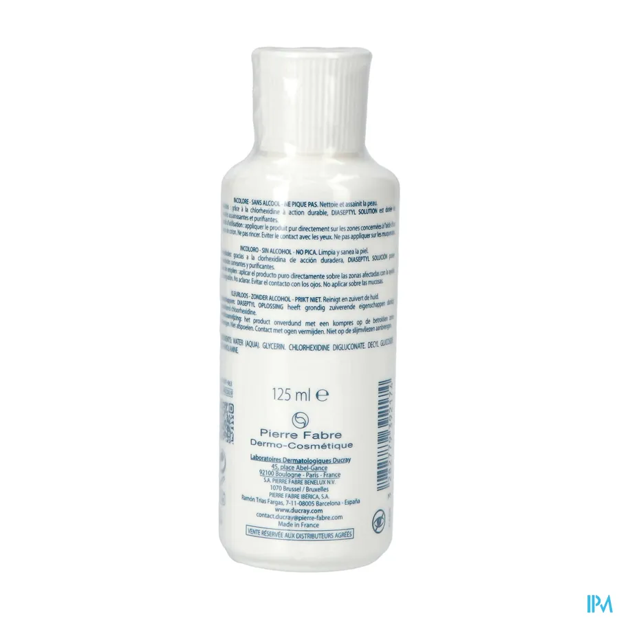 packshot van Ducray Diaseptyl Oplossing met 0,2% Chloorhexidinedigluconaat voor Ontsmetting van de Huid Flesje 125 ml