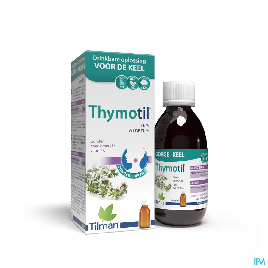 productshot van Thymotil Keelsiroop Zonder Suiker op basis van Tijm en Wilde Tijm 150 ml