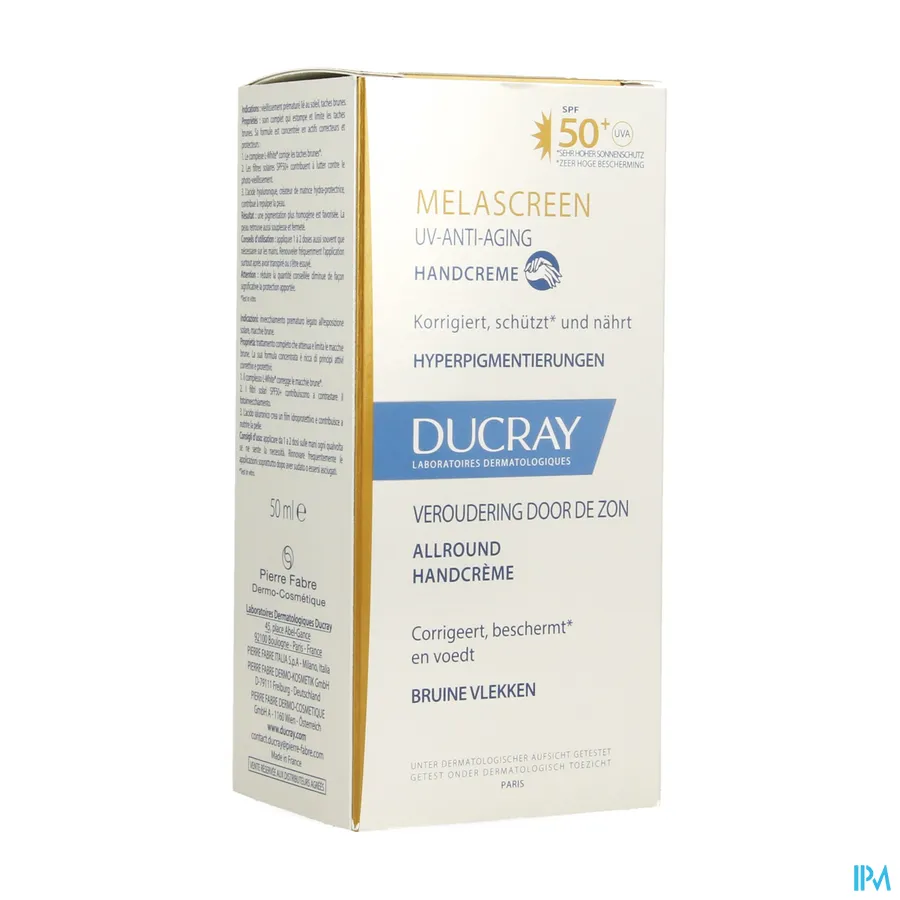 packshot van Ducray Melascreen Allround Handcrème met SPF 50+ tegen Bruine Vlekken Tube 50 ml