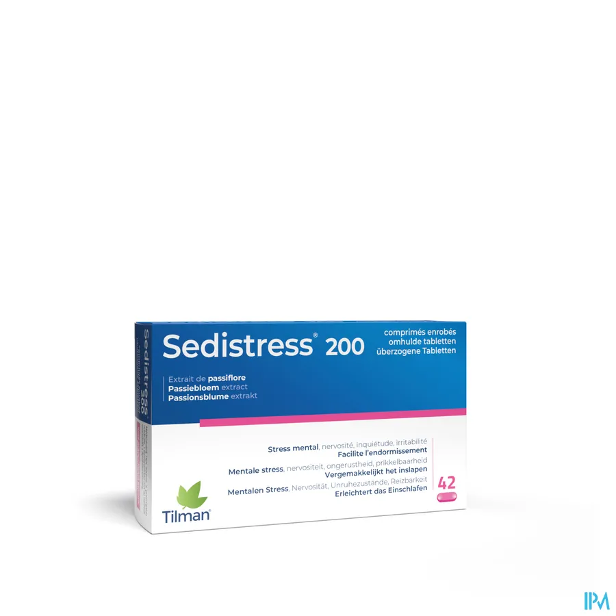 packshot van Sedistress 200 tegen Mentale Stress en Helpt bij Inslapen met Passiebloemextract 42 Tabletten