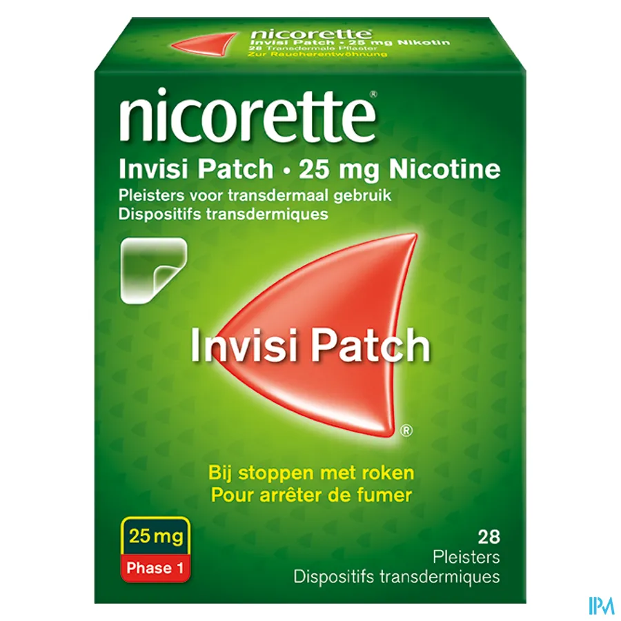 packshot van Nicorette Invisi Patch Pleisters voor Transdermaal Gebruik met 25 mg Nicotine bij Stoppen met Roken 28 Pleisters