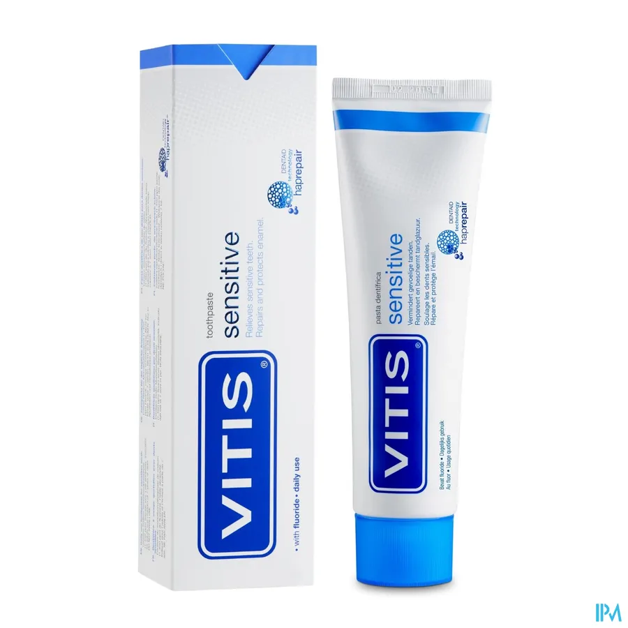 productshot van Vitis Sensitive Tandpasta voor Vermindering van Gevoelige Tanden en Reparatie en Bescherming van Tandglazuur 75 ml