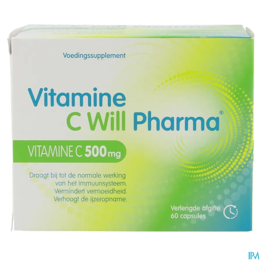 packshot van Vitamine C Will Pharma -Vitamine C 500 mg- 60 Capsules met Verlengde Afgifte