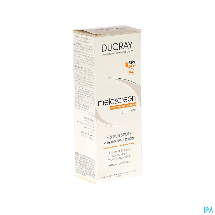 packshot van Ducray Melascreen Lichte Crème met SPF 50+ die Bruine Vlekken Beperkt en Verzacht voor Normale tot Gemengde Huid Pompflacon 40 ml