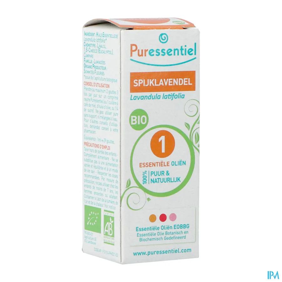 packshot van Puressentiel Bio Essentiële Olie van Spijklavendel 10 ml