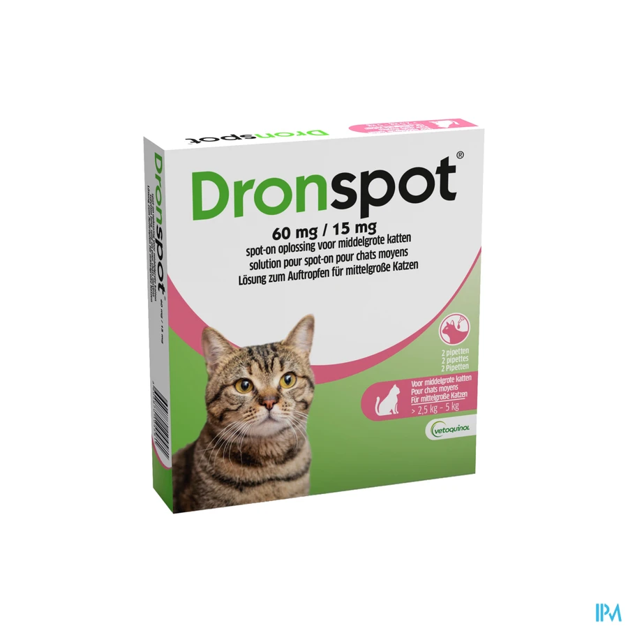 packshot van Dronspot 60 mg/15 mg Spot-on Kat >2,5-5 kg 2 stuks